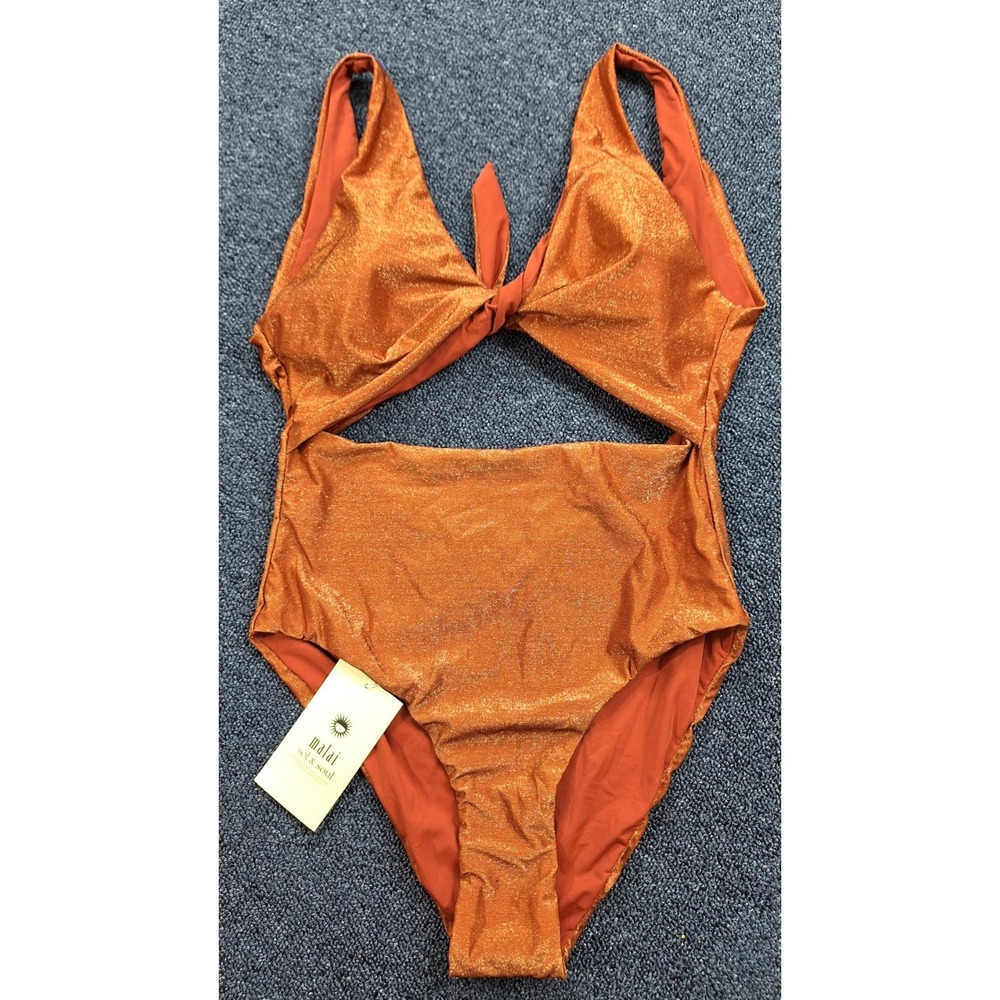 Malai Women Copper Bronze Metallic Shimmer Cutout One Piece Swimsuit Large NEW - Picture 3 of 9